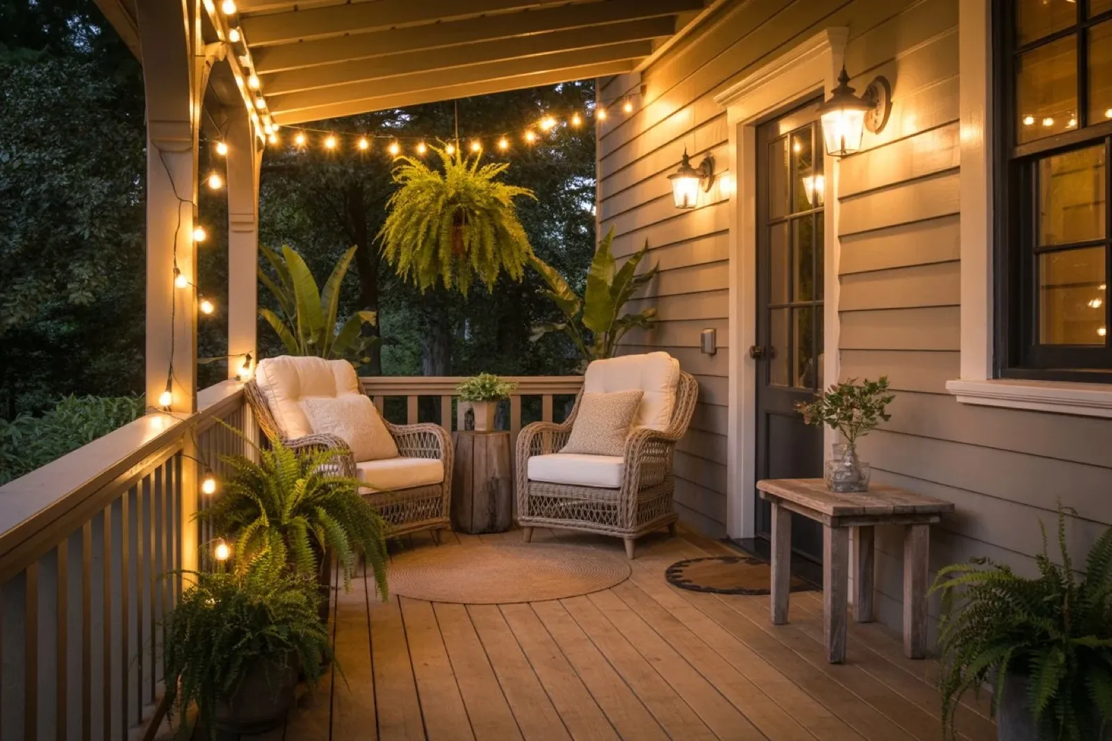 A cozy front porch at dusk, with glowing lanterns, string lights, and two cushioned chairs